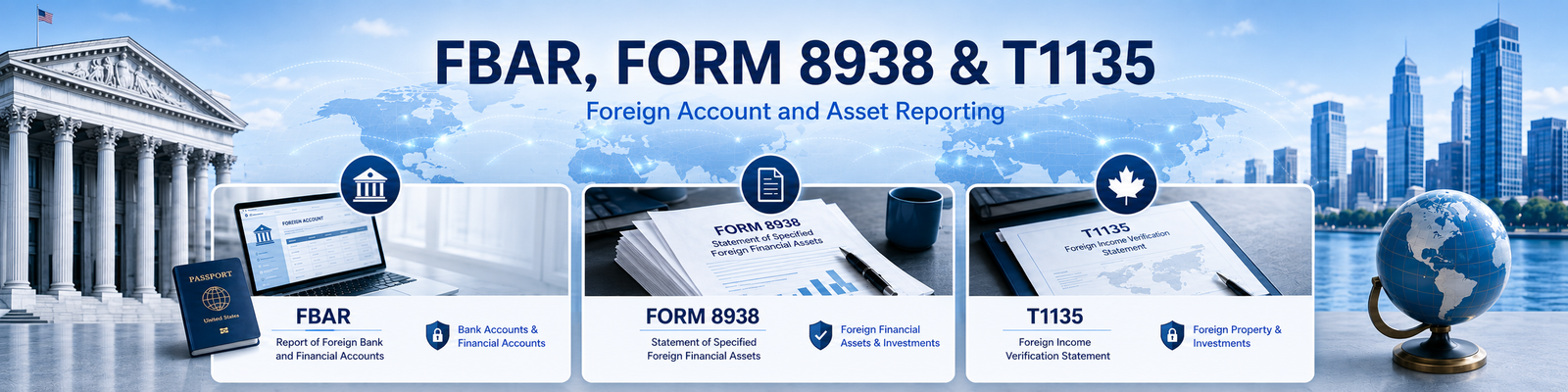 FBAR, Form 8938, and T1135 foreign account and asset reporting banner