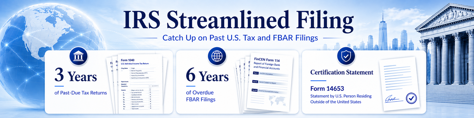 IRS Streamlined Filing catch up on past U.S. tax returns and FBAR filings banner